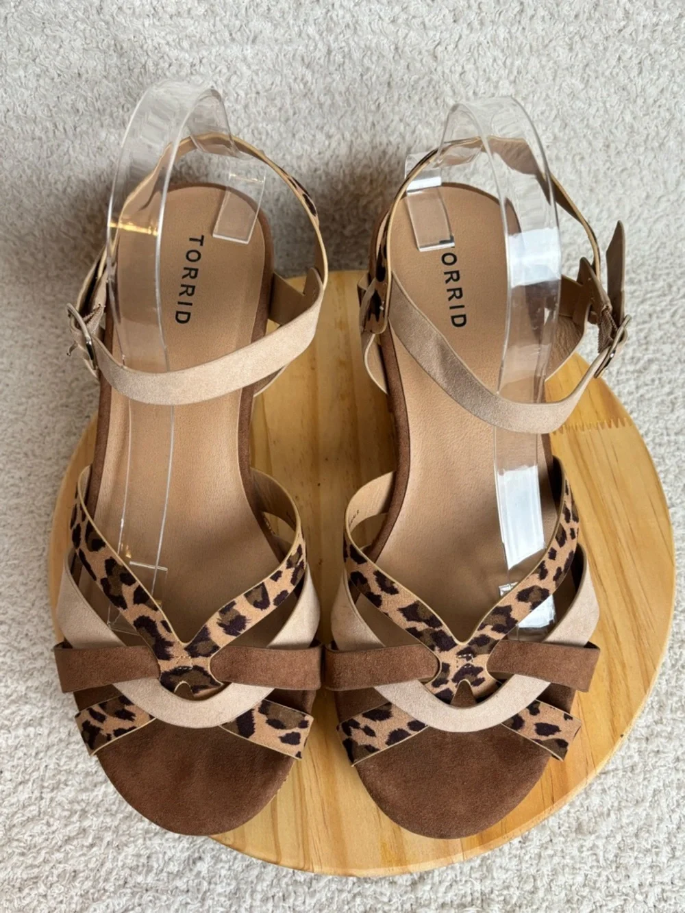 Torrid Sandals Womens 11W Leopard Mixed Media Cork Wedge Buckle Strappy